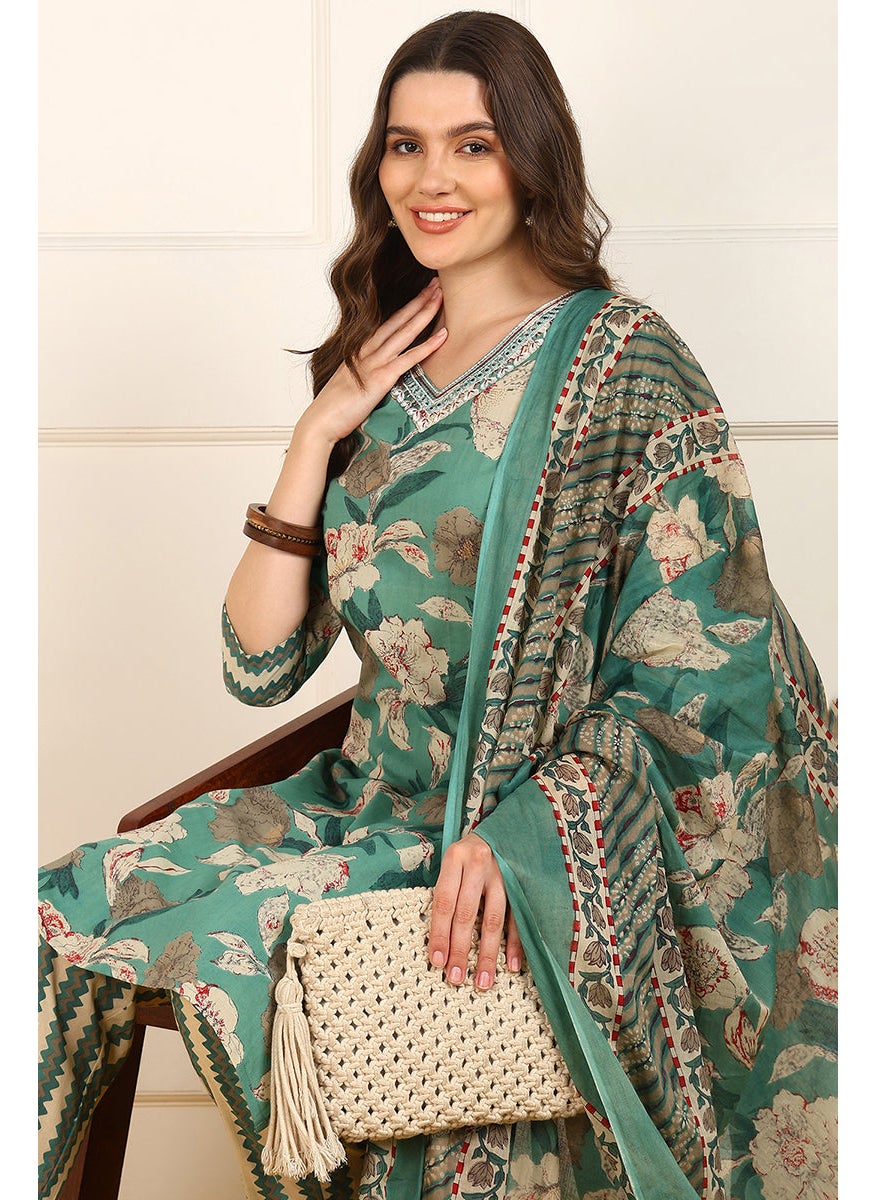 Green Pure Cotton Floral Printed Straight 3-Piece Kurta Set