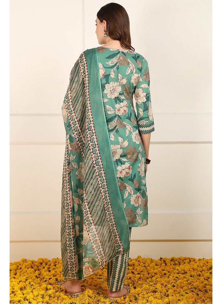 Green Pure Cotton Floral Printed Straight 3-Piece Kurta Set