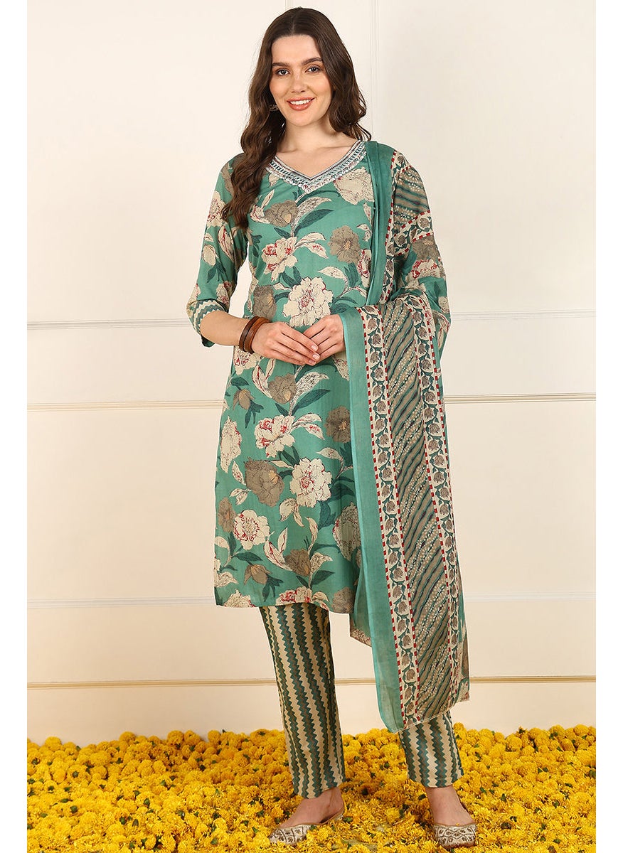 Green Pure Cotton Floral Printed Straight 3-Piece Kurta Set