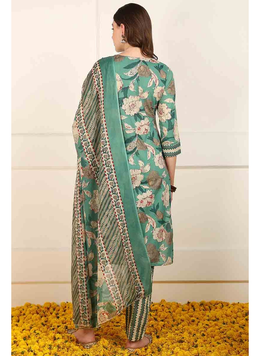 Green Pure Cotton Floral Printed Straight 3-Piece Kurta Set