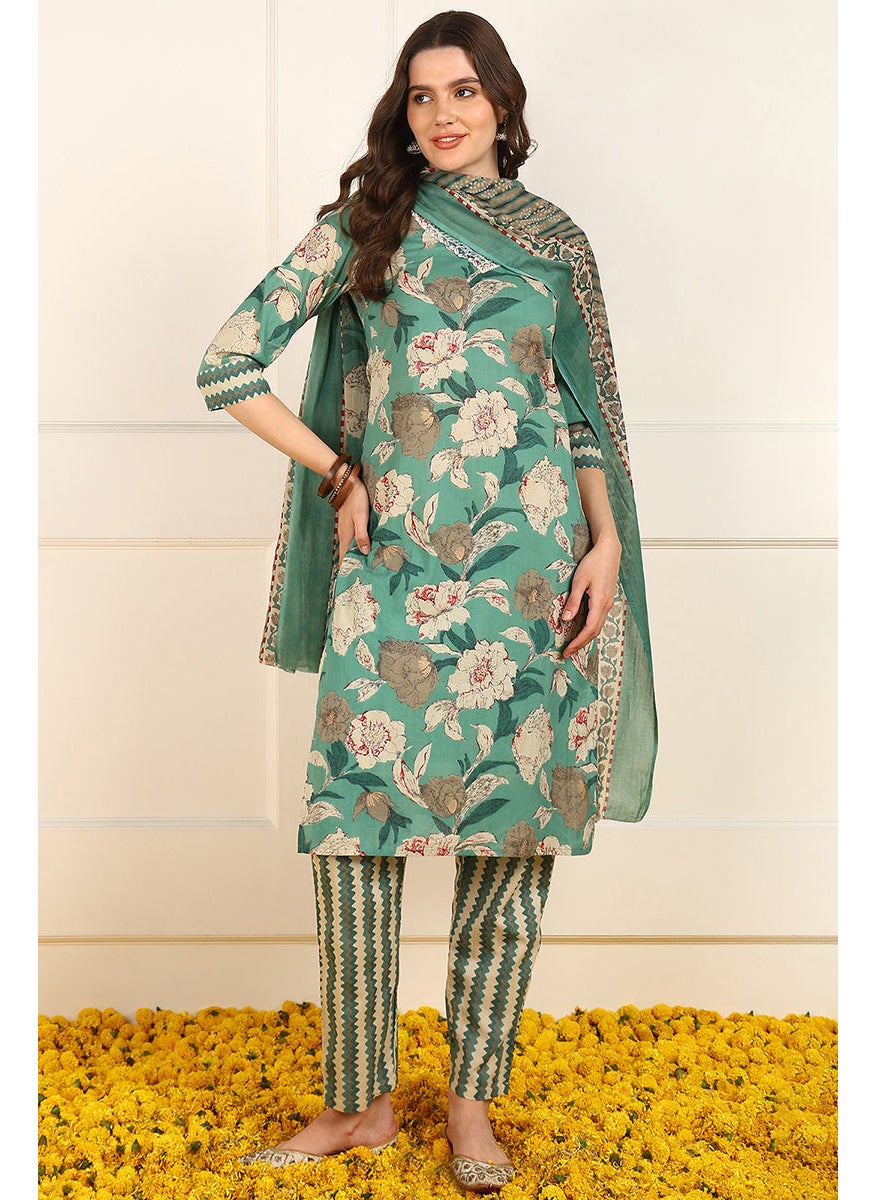 Green Pure Cotton Floral Printed Straight 3-Piece Kurta Set