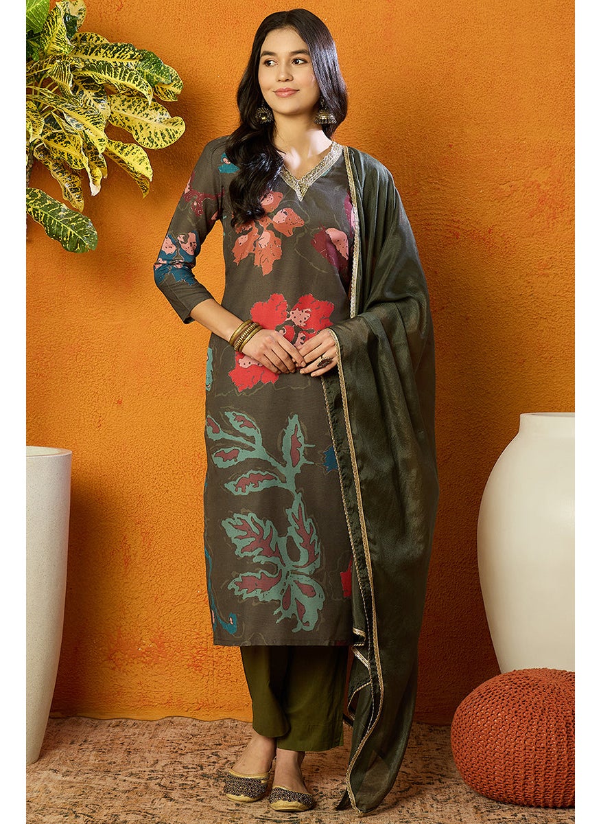 Olive Rayon Blend Floral Printed Straight Kurta Set