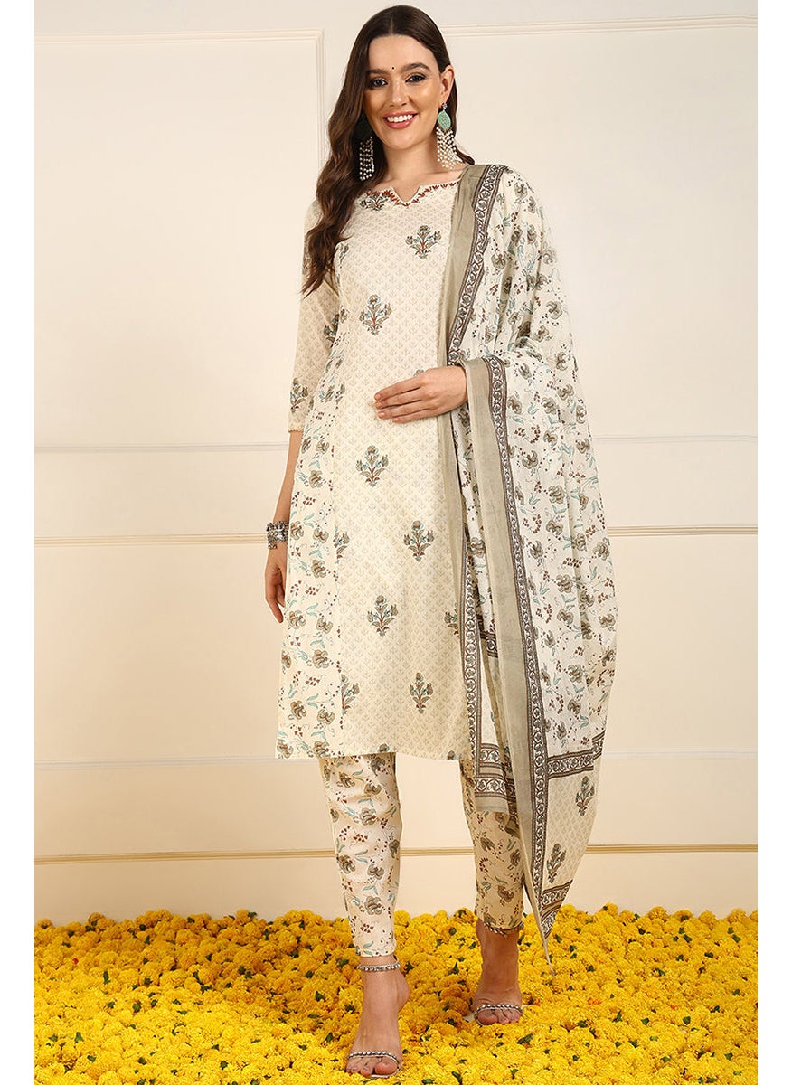 Cream Pure Cotton Ethnic Motifs Printed Straight Kurta Set
