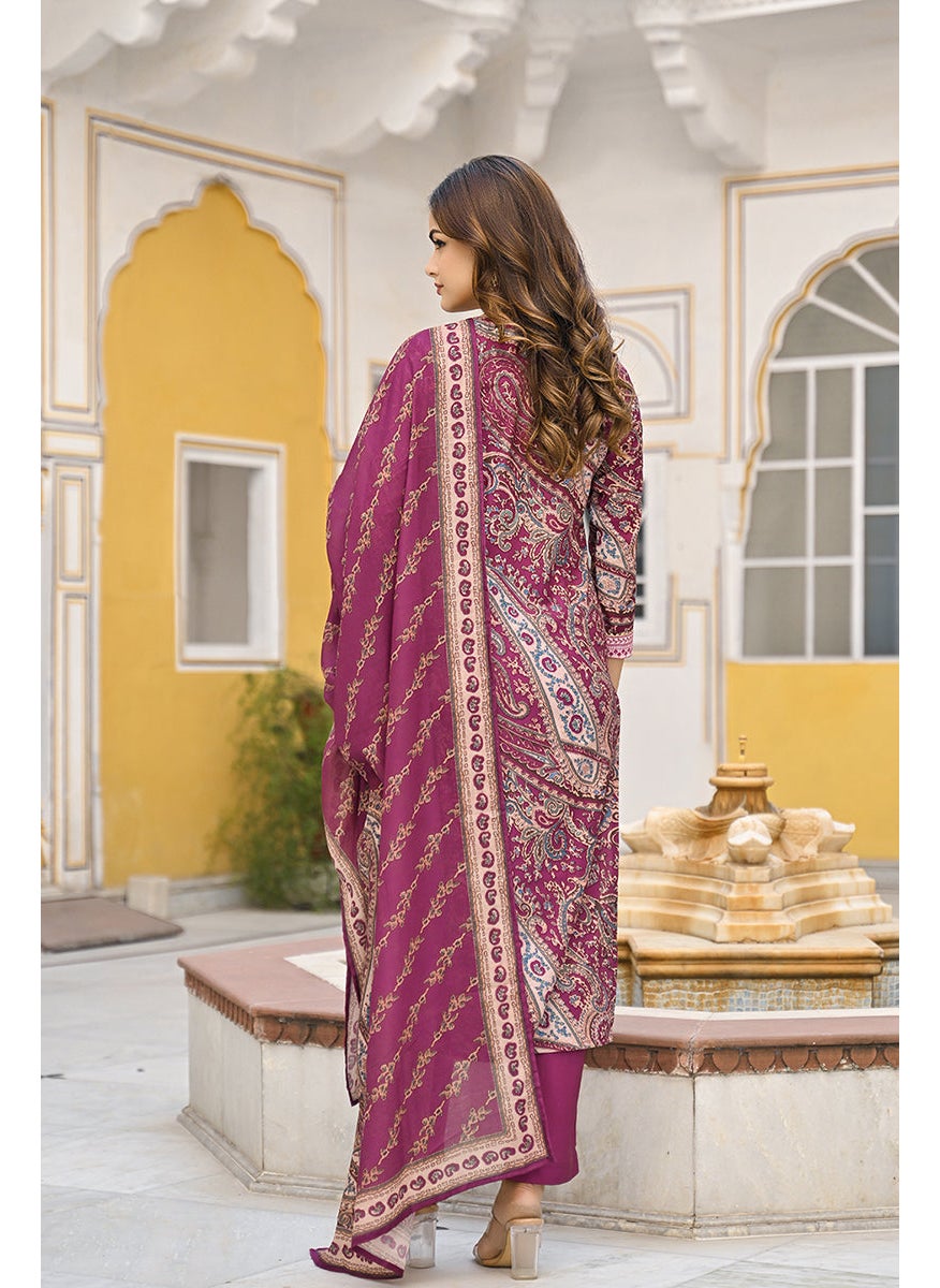 Purple Rayon Blend Paisley Printed Straight 3-Piece Kurta Set
