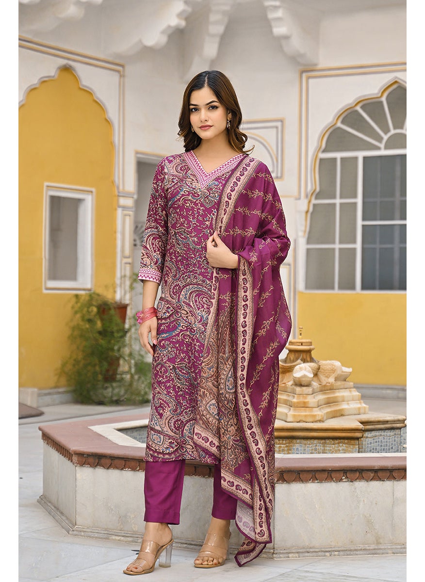 Purple Rayon Blend Paisley Printed Straight 3-Piece Kurta Set