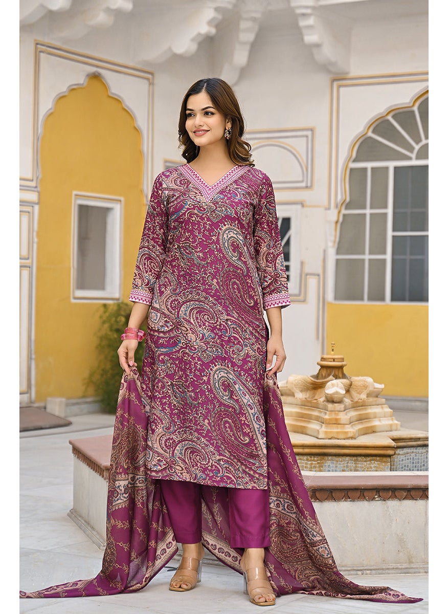 Purple Rayon Blend Paisley Printed Straight 3-Piece Kurta Set