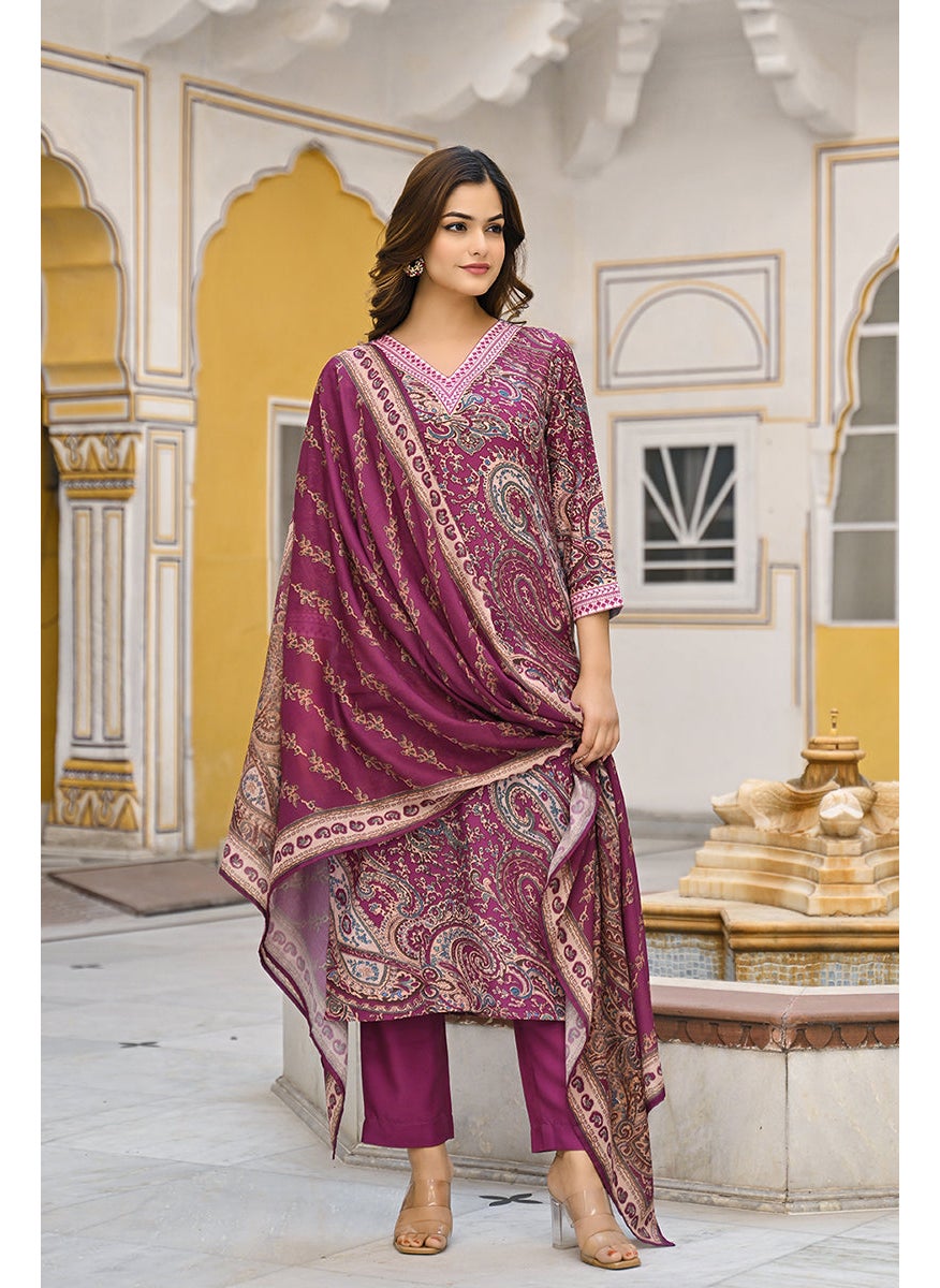 Purple Rayon Blend Paisley Printed Straight 3-Piece Kurta Set