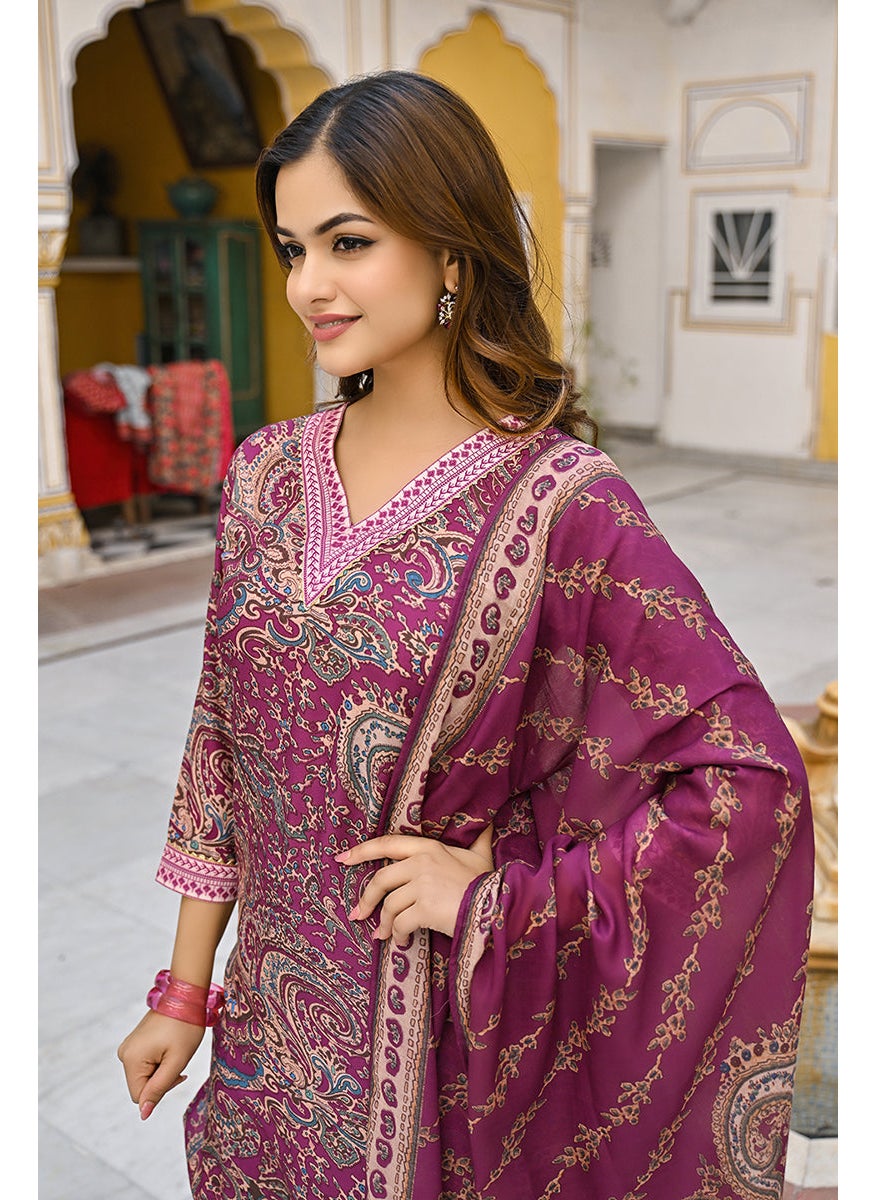 Purple Rayon Blend Paisley Printed Straight 3-Piece Kurta Set