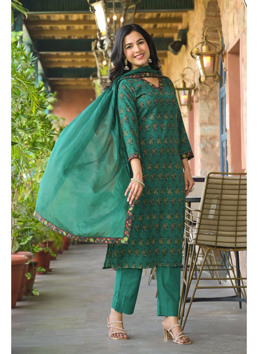 Green Viscose Rayon Floral Printed Straight 3-Piece Kurta Set