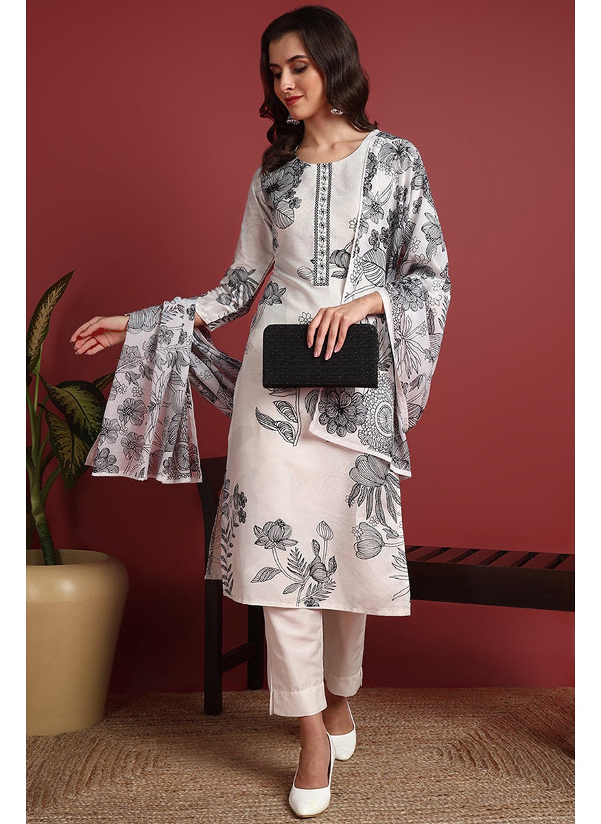 Off-White Silk Blend Floral Printed Straight 3-Piece Kurta Set