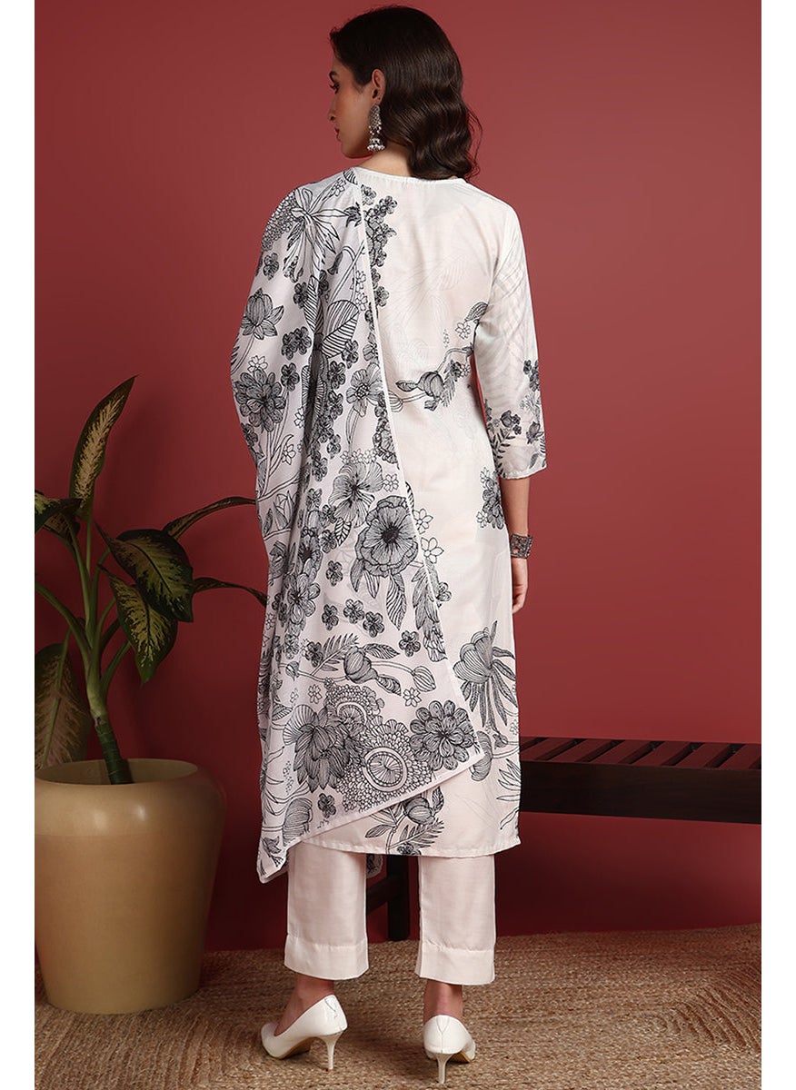 Off-White Silk Blend Floral Printed Straight 3-Piece Kurta Set