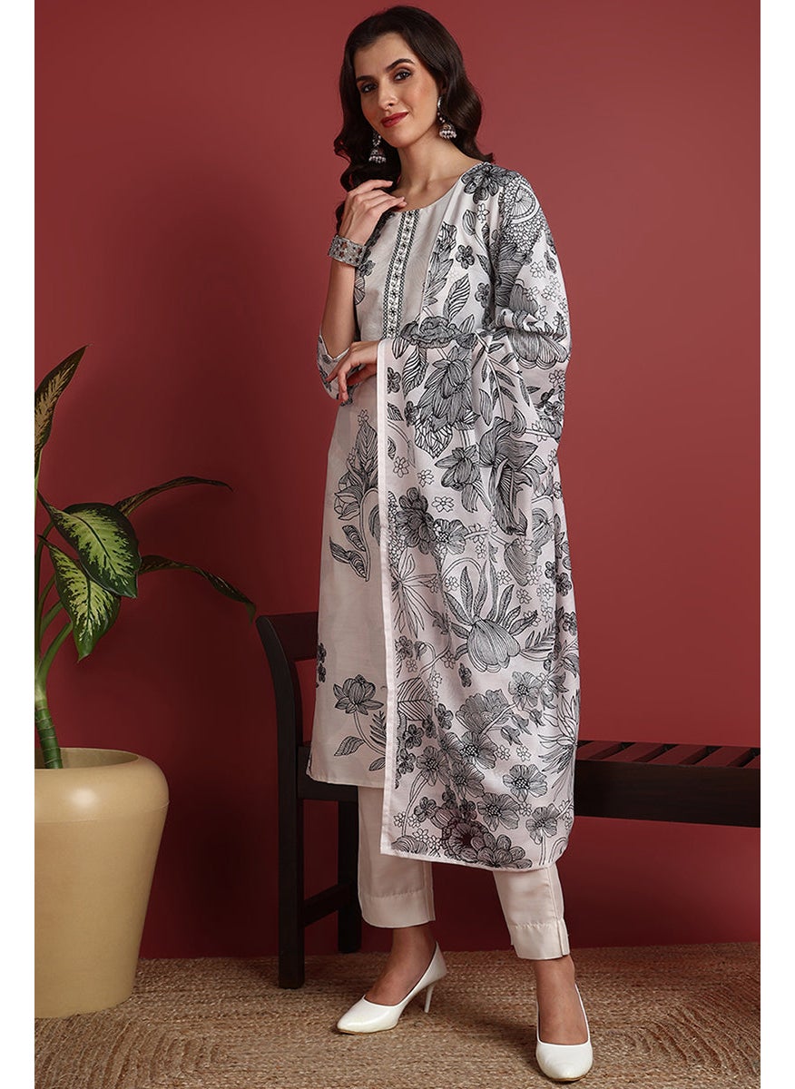 Off-White Silk Blend Floral Printed Straight 3-Piece Kurta Set