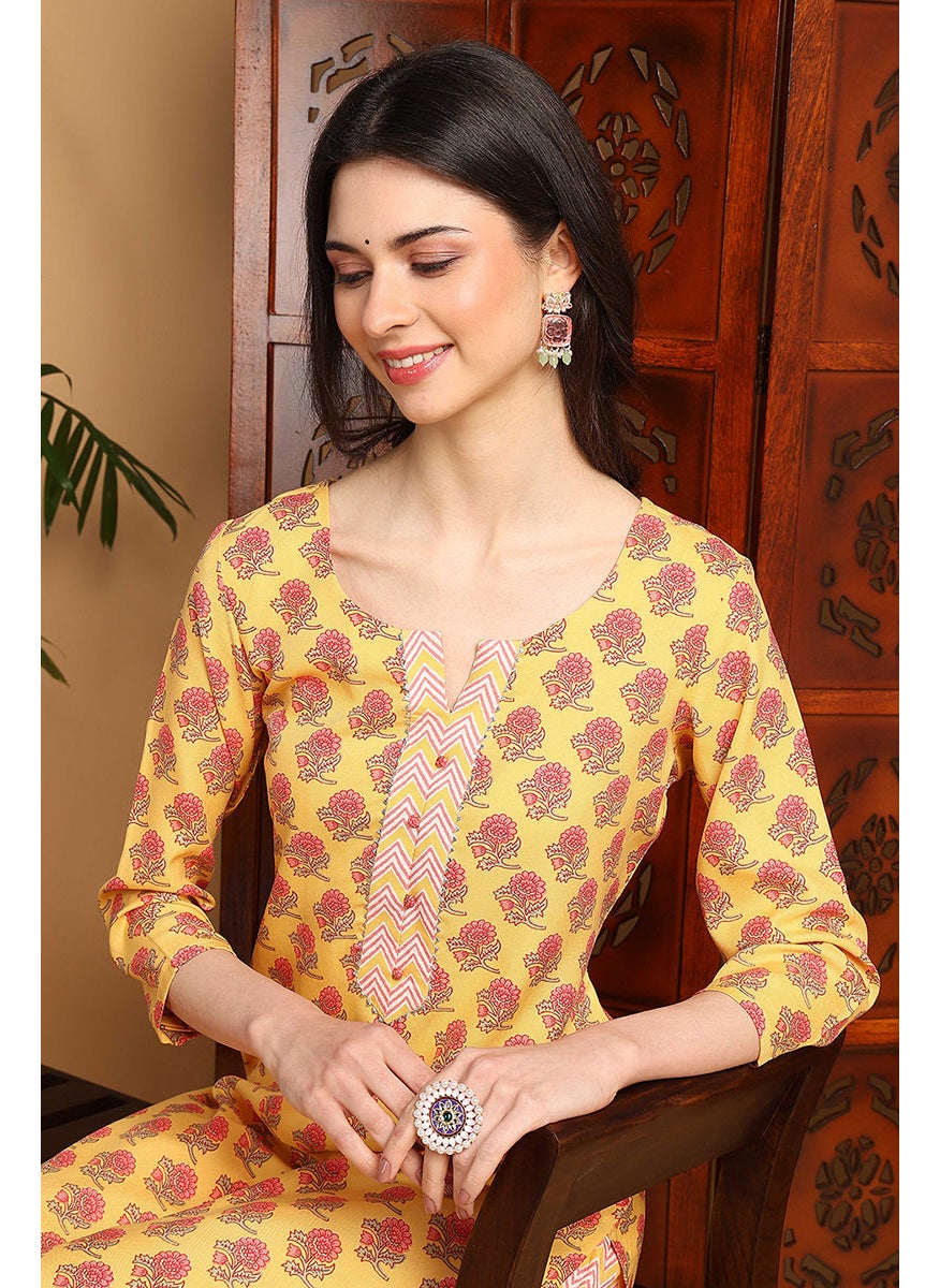 Yellow Rayon Blend Floral Printed Straight Kurta Set