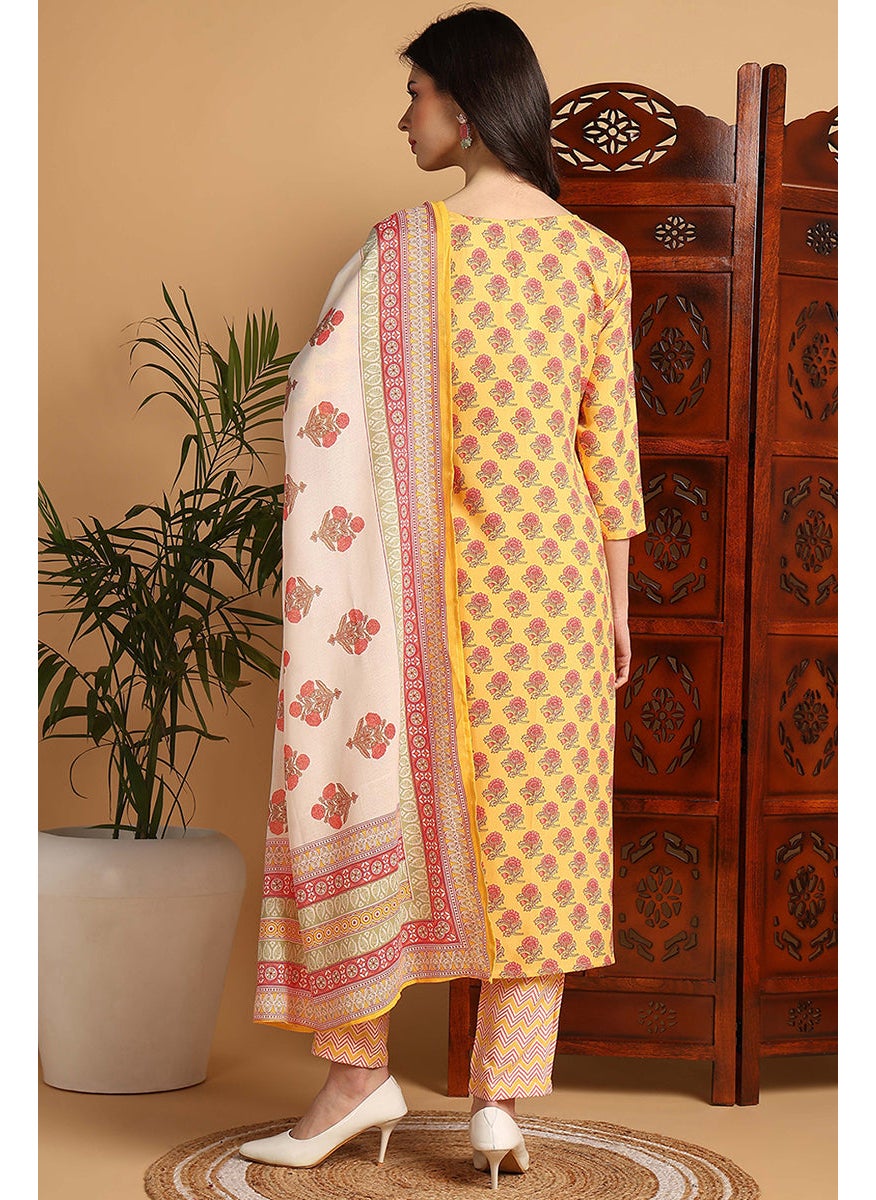 Yellow Rayon Blend Floral Printed Straight Kurta Set