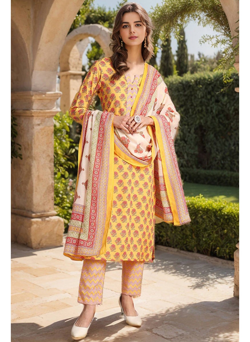 Yellow Rayon Blend Floral Printed Straight Kurta Set