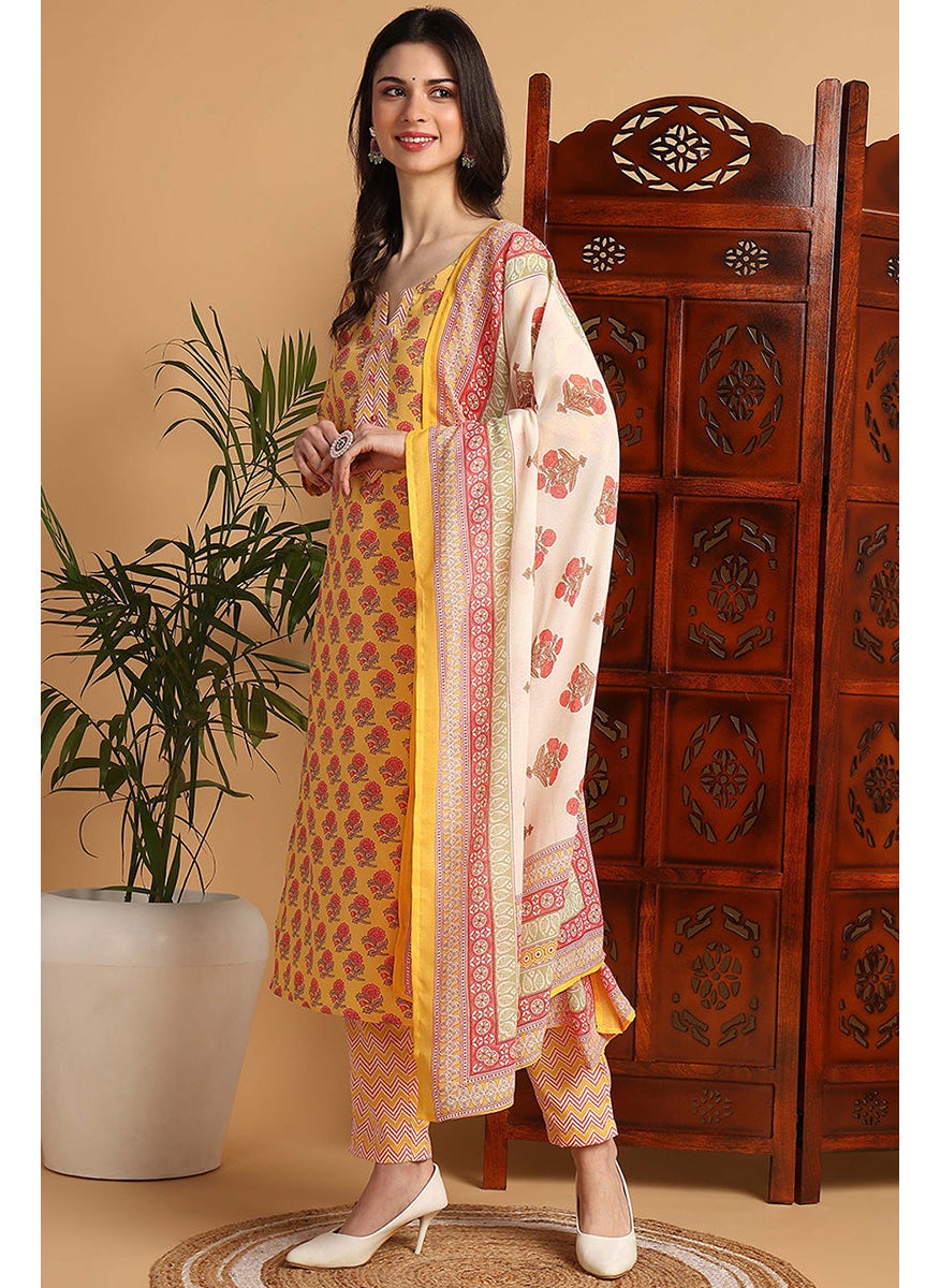 Yellow Rayon Blend Floral Printed Straight Kurta Set