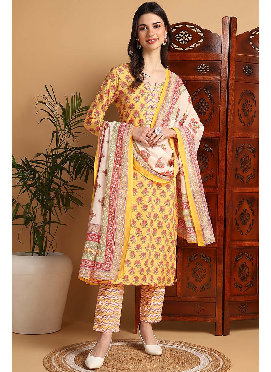 Yellow Rayon Blend Floral Printed Straight Kurta Set