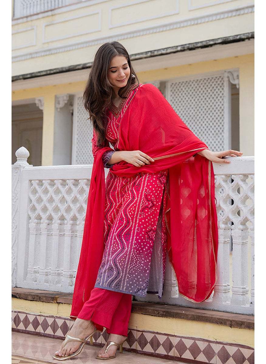 Red Embroidered Solid Rayon Blend Straight Kurta Set