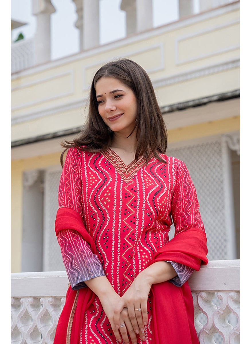 Red Embroidered Solid Rayon Blend Straight Kurta Set