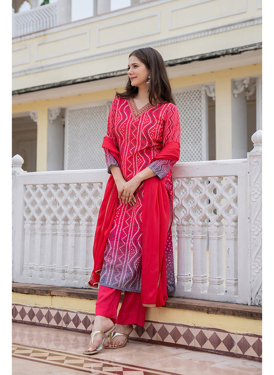 Red Embroidered Solid Rayon Blend Straight Kurta Set