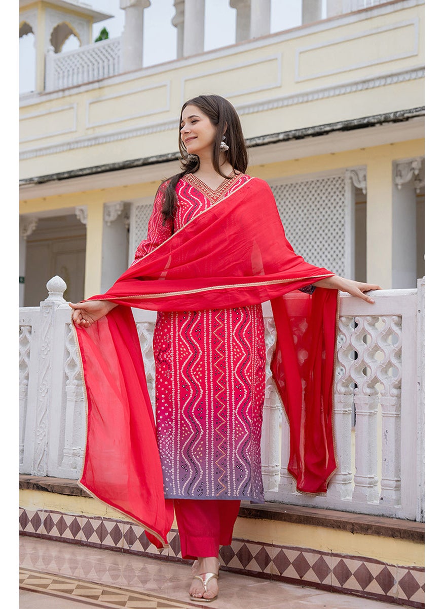 Red Embroidered Solid Rayon Blend Straight Kurta Set
