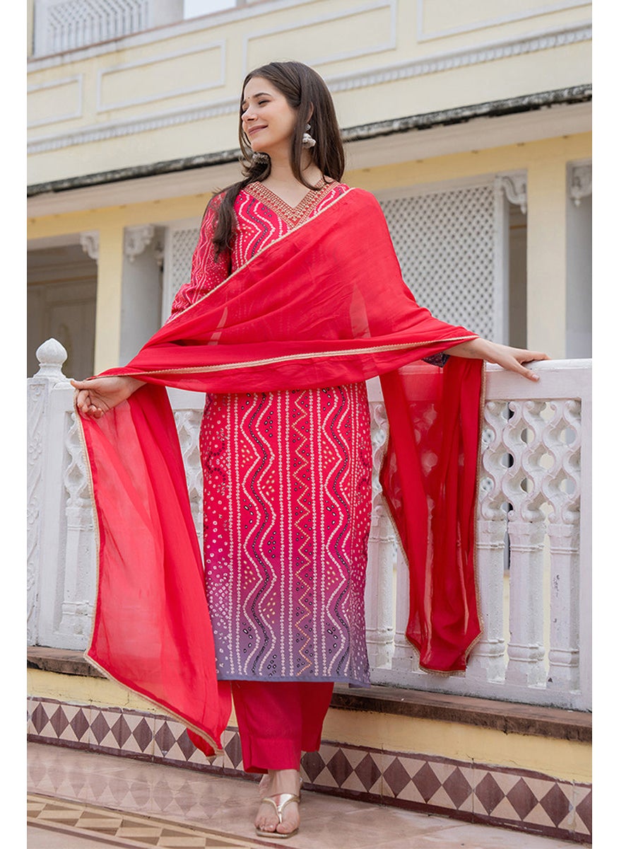 Red Embroidered Solid Rayon Blend Straight Kurta Set