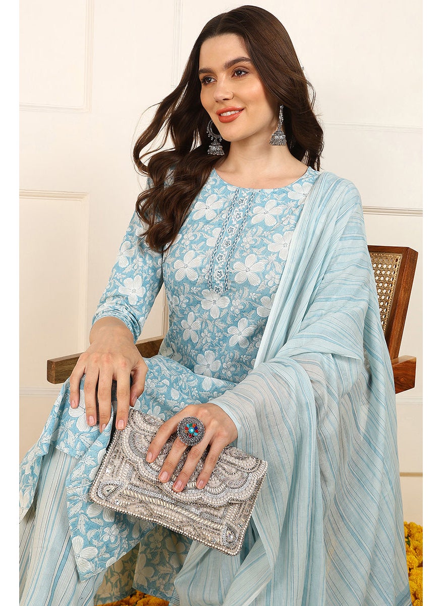 Blue Cotton Floral Printed Straight Kurta Set