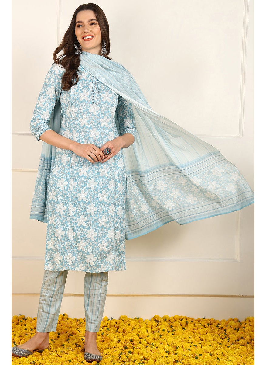 Blue Cotton Floral Printed Straight Kurta Set