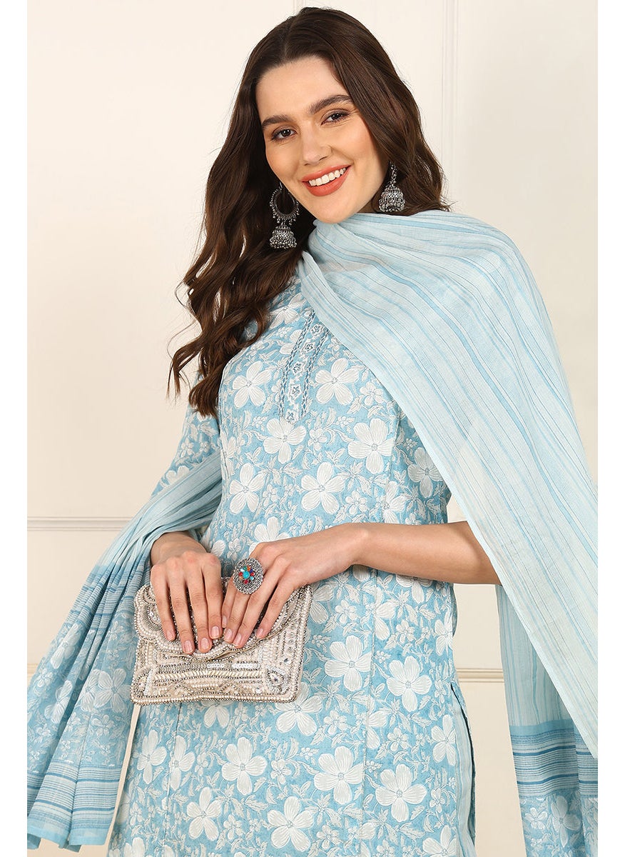 Blue Cotton Floral Printed Straight Kurta Set