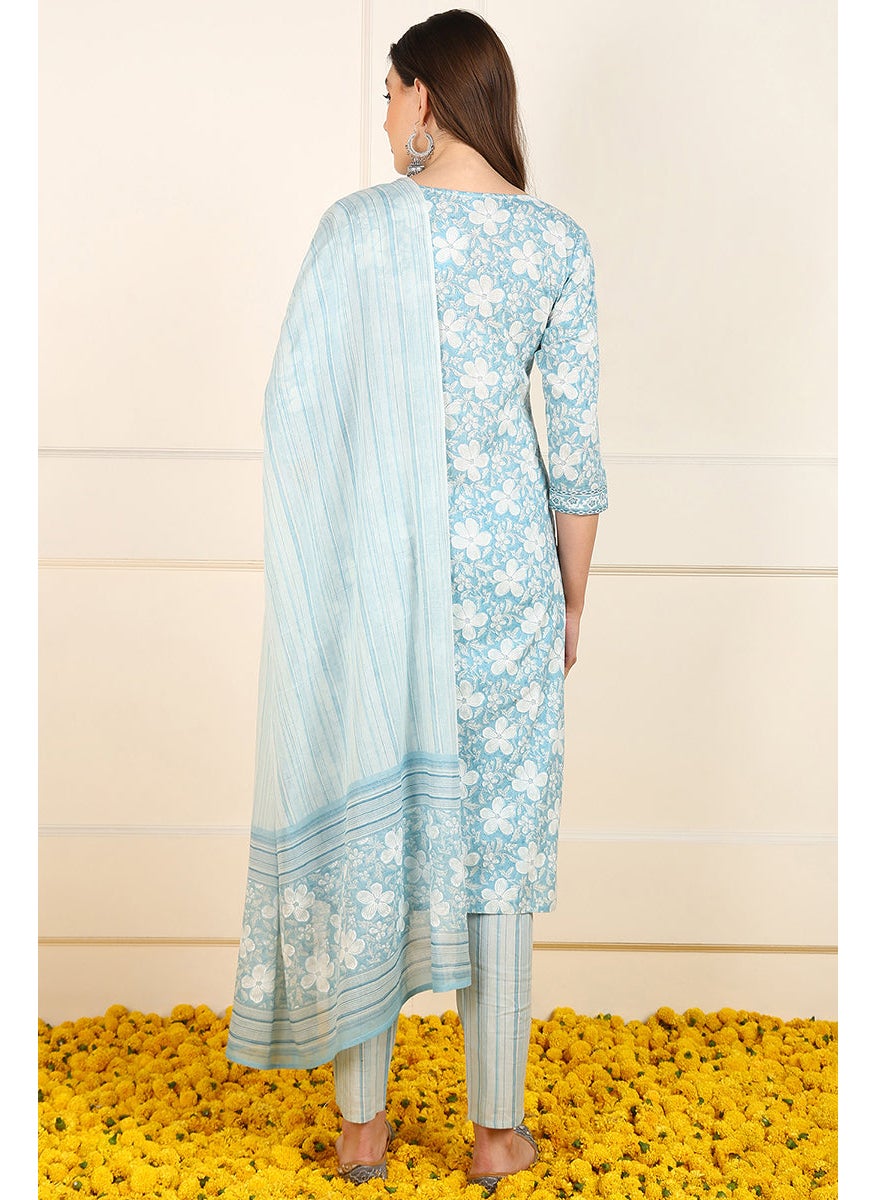 Blue Cotton Floral Printed Straight Kurta Set