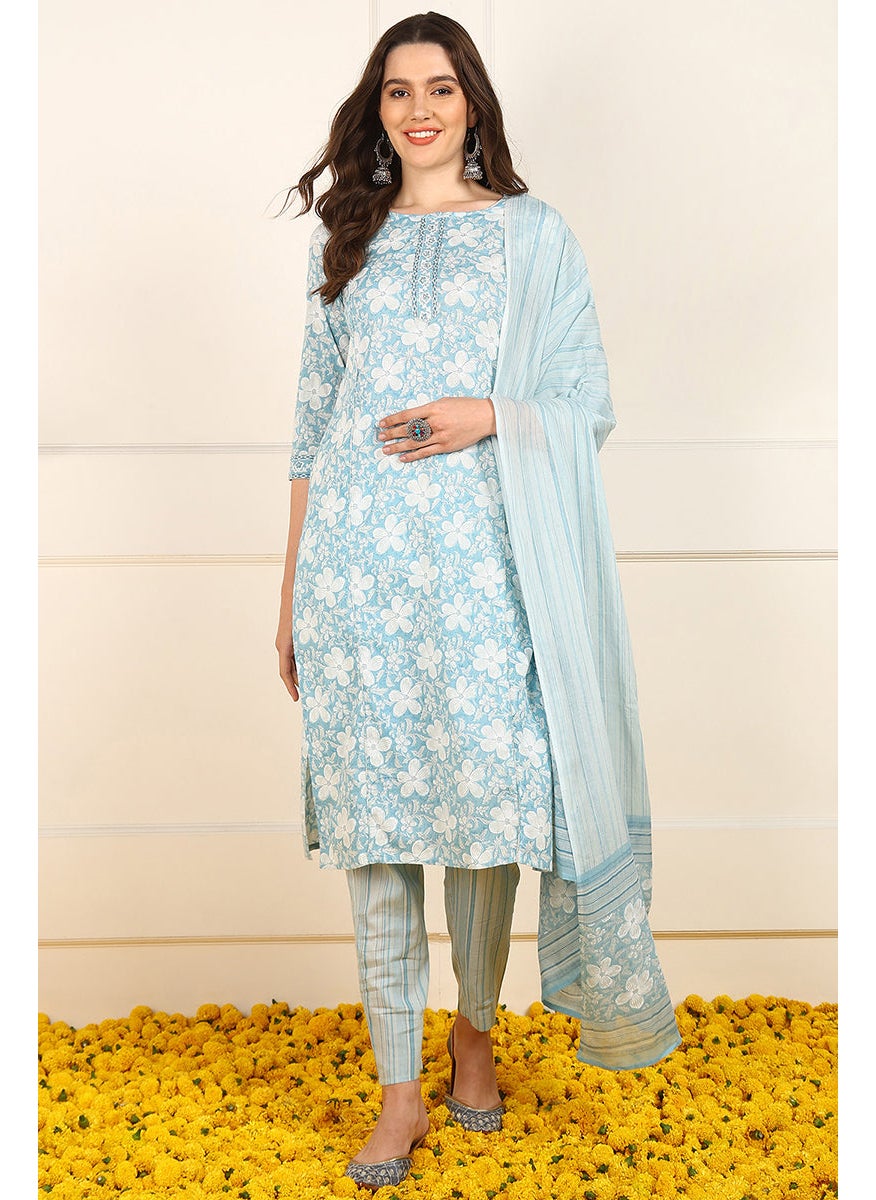 Blue Cotton Floral Printed Straight Kurta Set