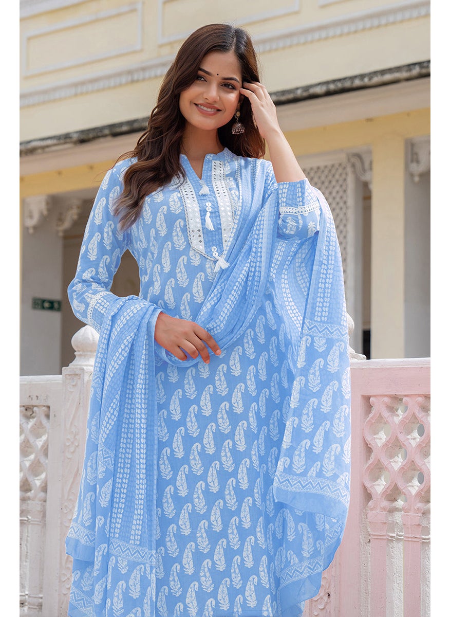 Blue Rayon Blend Paisley Printed Straight 3-Piece Kurta Set