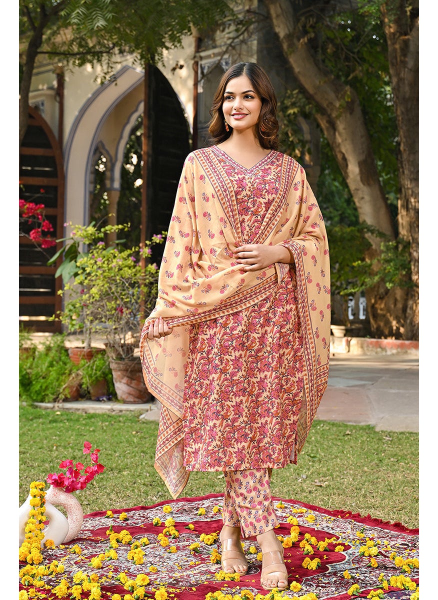 Yellow Rayon Blend Floral Printed Straight 3-Piece Kurta Set