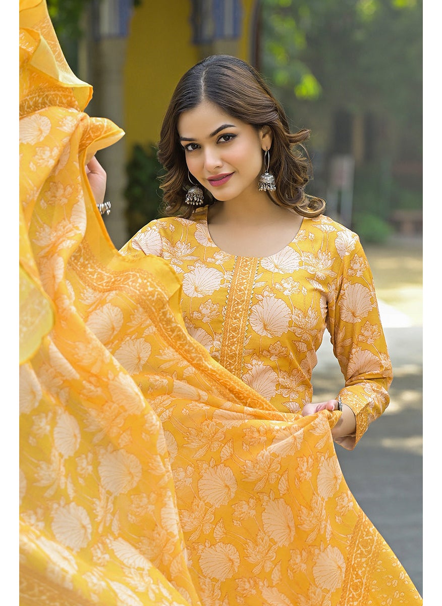 Yellow Rayon Blend Floral Printed Straight 3-Piece Kurta Set
