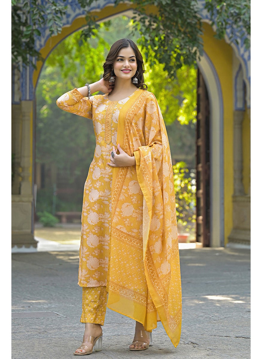 Yellow Rayon Blend Floral Printed Straight 3-Piece Kurta Set