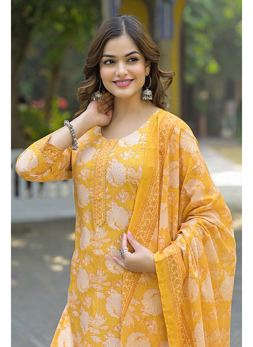 Yellow Rayon Blend Floral Printed Straight 3-Piece Kurta Set