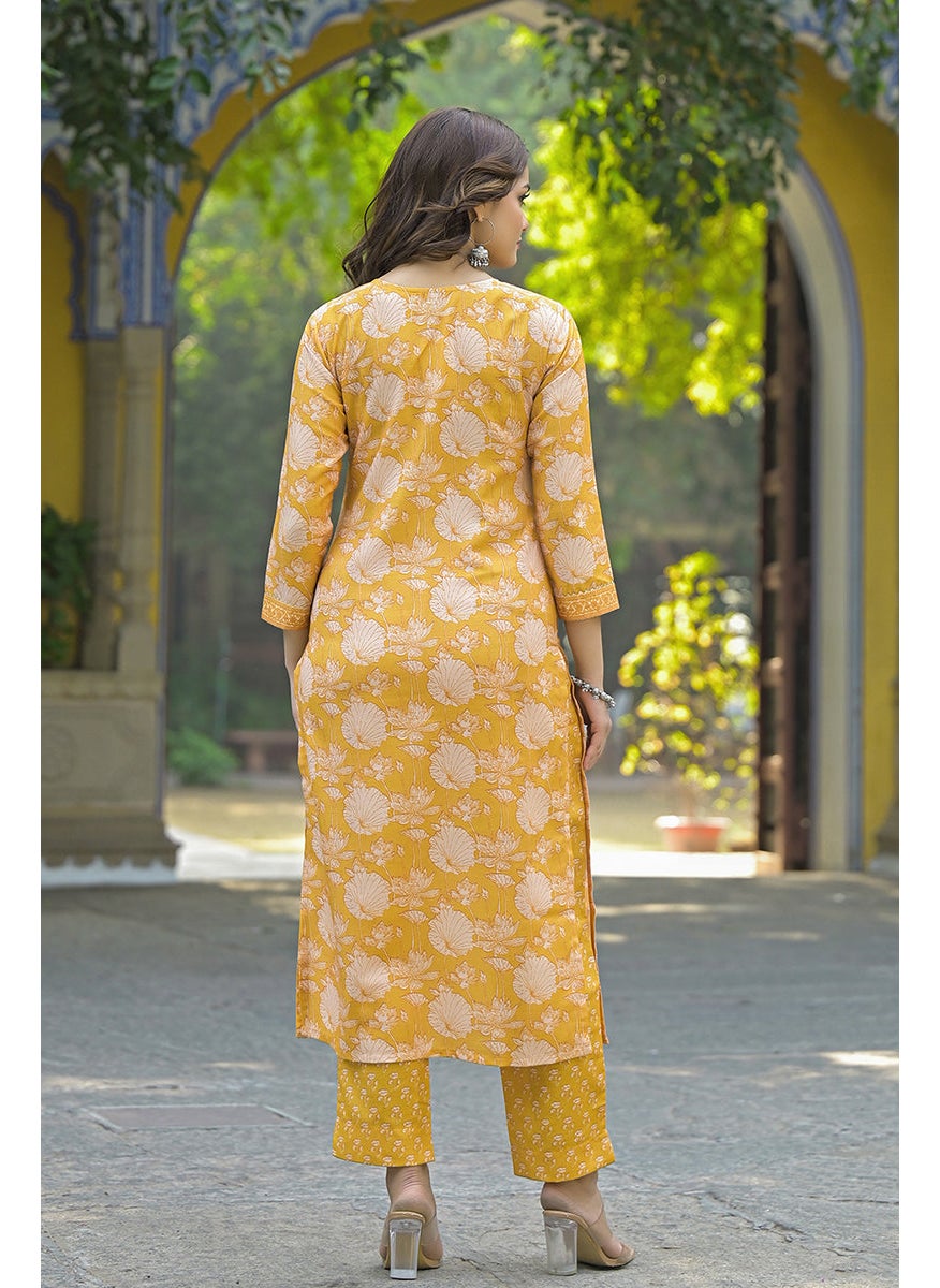 Yellow Rayon Blend Floral Printed Straight 3-Piece Kurta Set