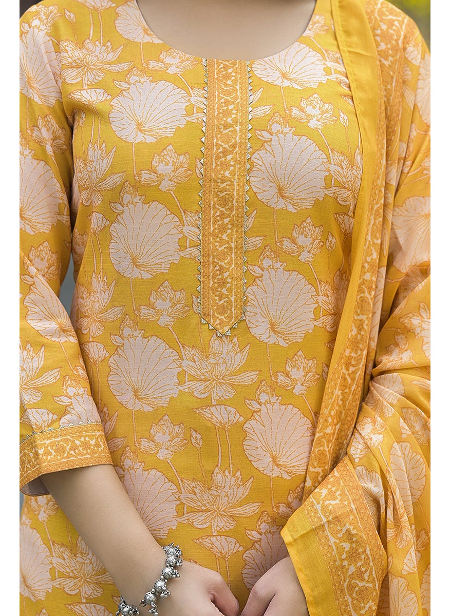Yellow Rayon Blend Floral Printed Straight 3-Piece Kurta Set