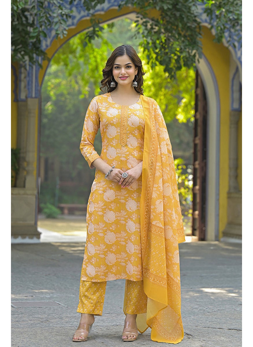 Yellow Rayon Blend Floral Printed Straight 3-Piece Kurta Set