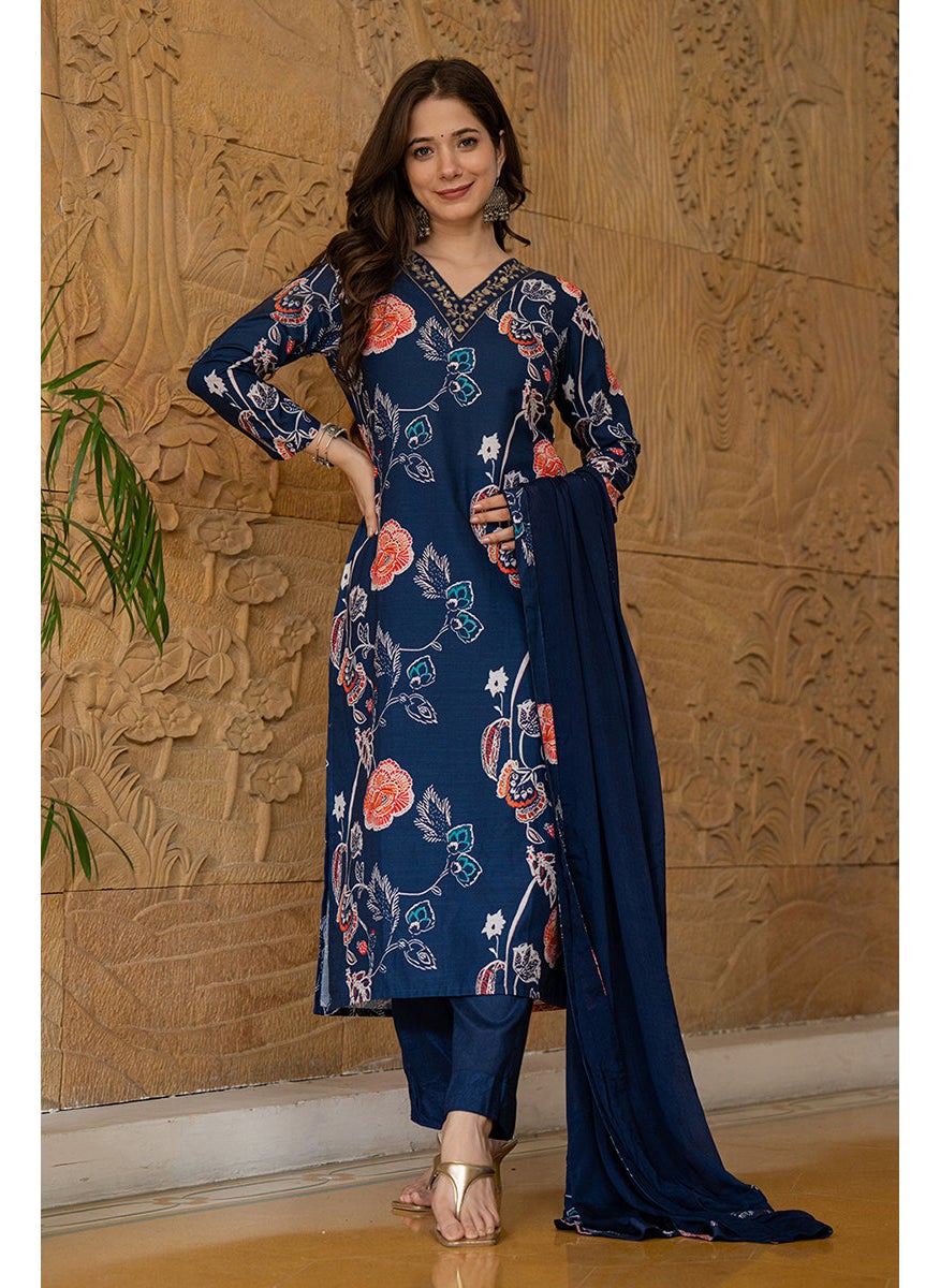 Blue Rayon Blend Floral Printed Straight Kurta Set