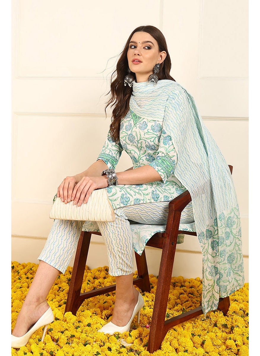 White Pure Cotton Floral Printed Straight 3-Piece Kurta Set