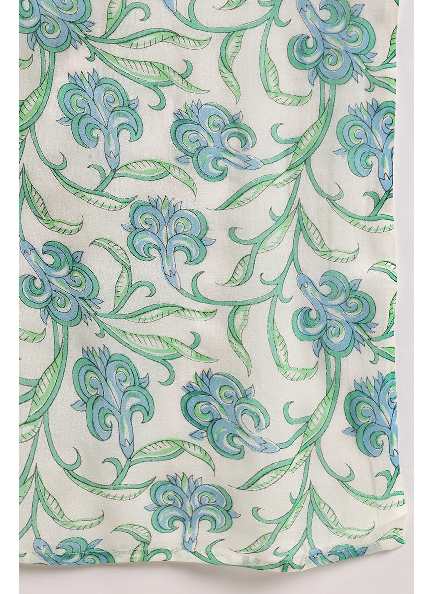 White Pure Cotton Floral Printed Straight 3-Piece Kurta Set