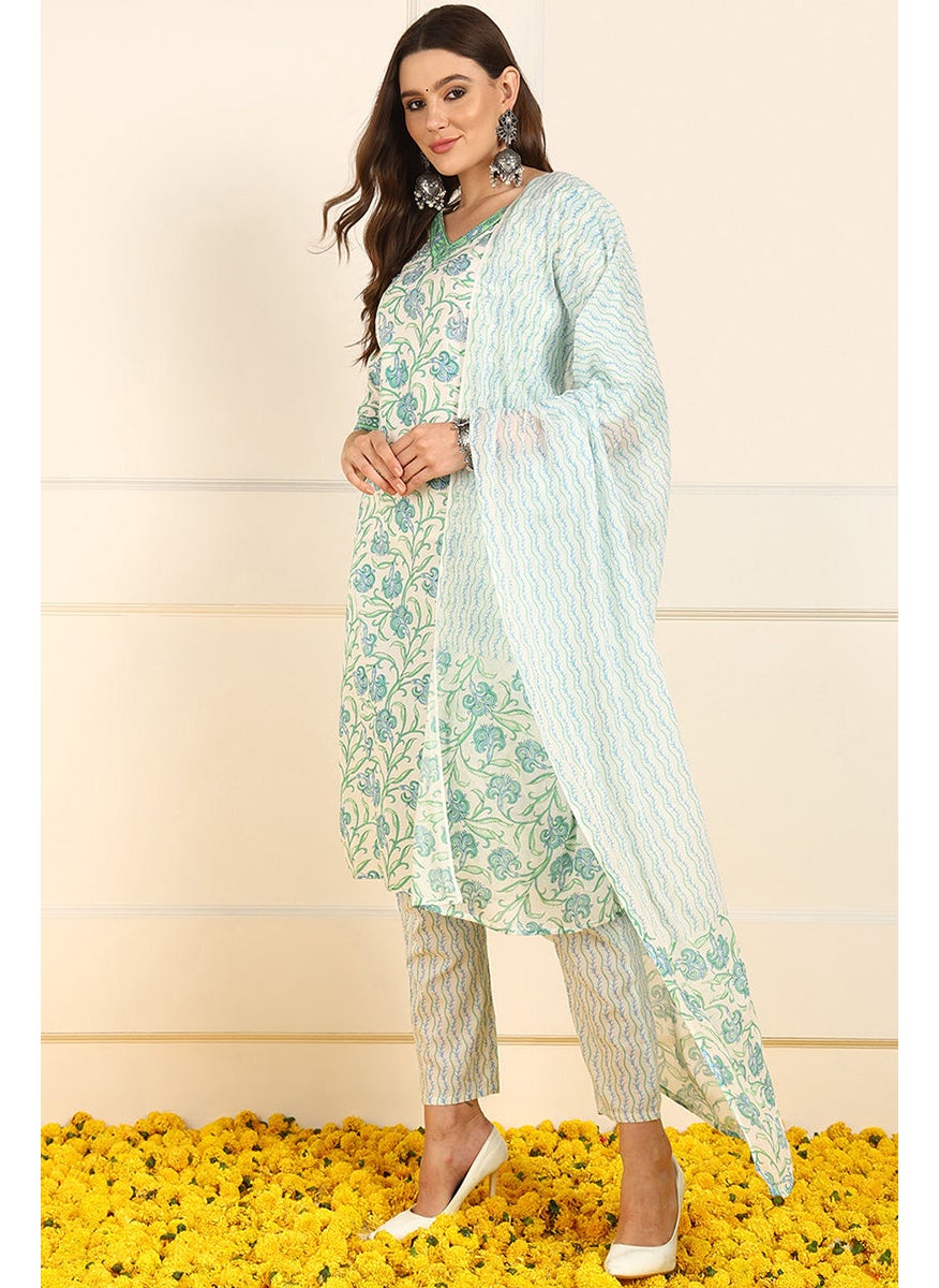 White Pure Cotton Floral Printed Straight 3-Piece Kurta Set