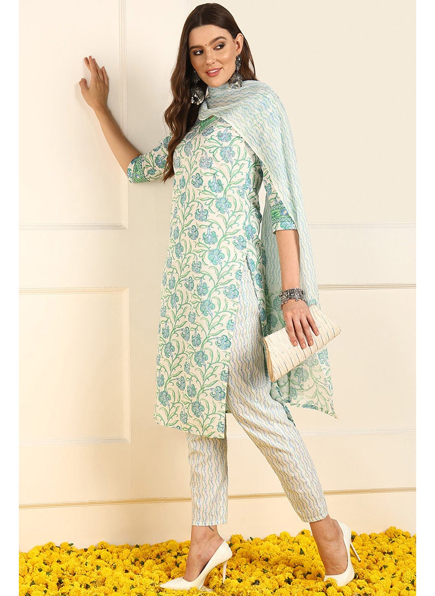 White Pure Cotton Floral Printed Straight 3-Piece Kurta Set