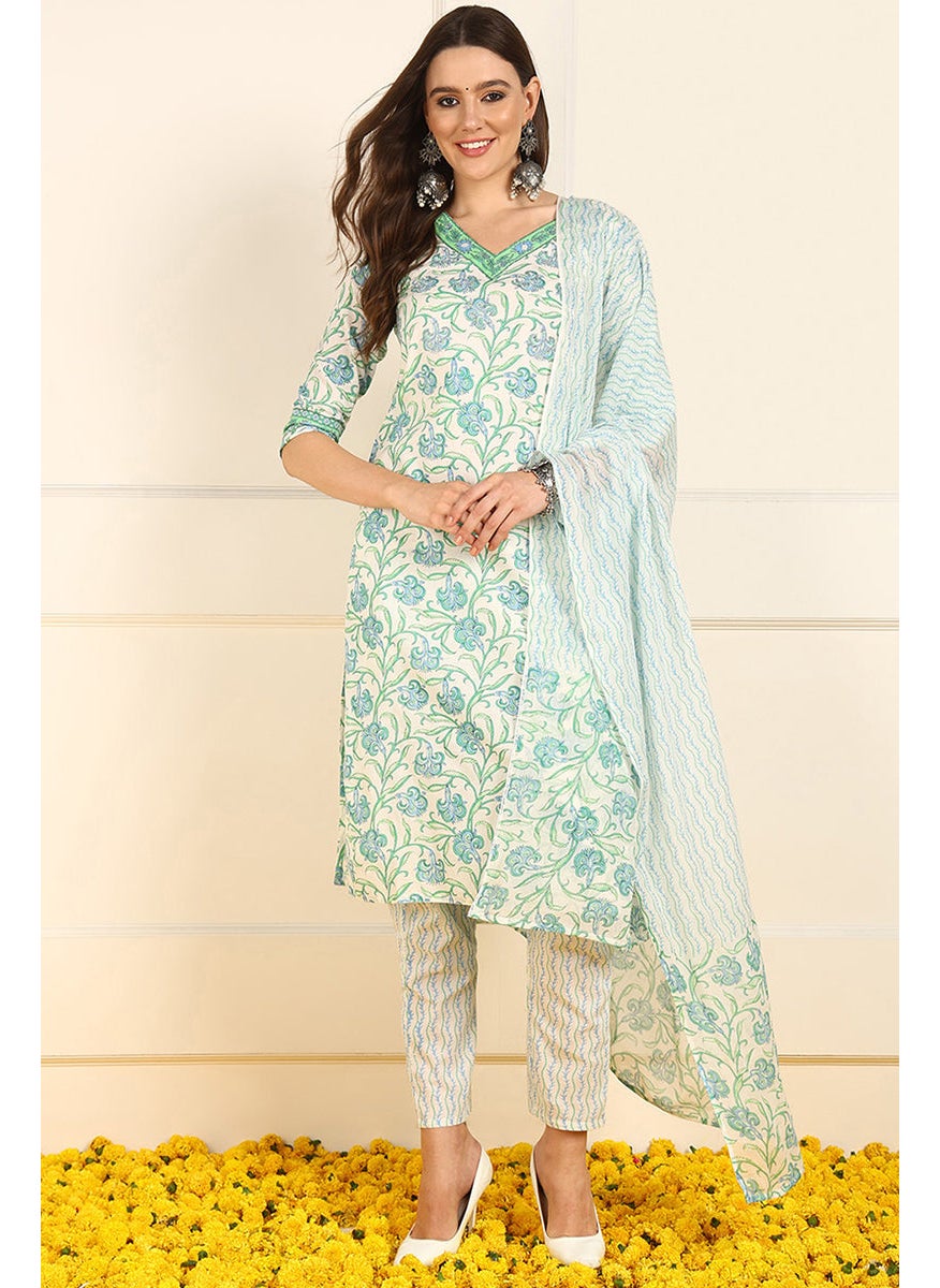 White Pure Cotton Floral Printed Straight 3-Piece Kurta Set