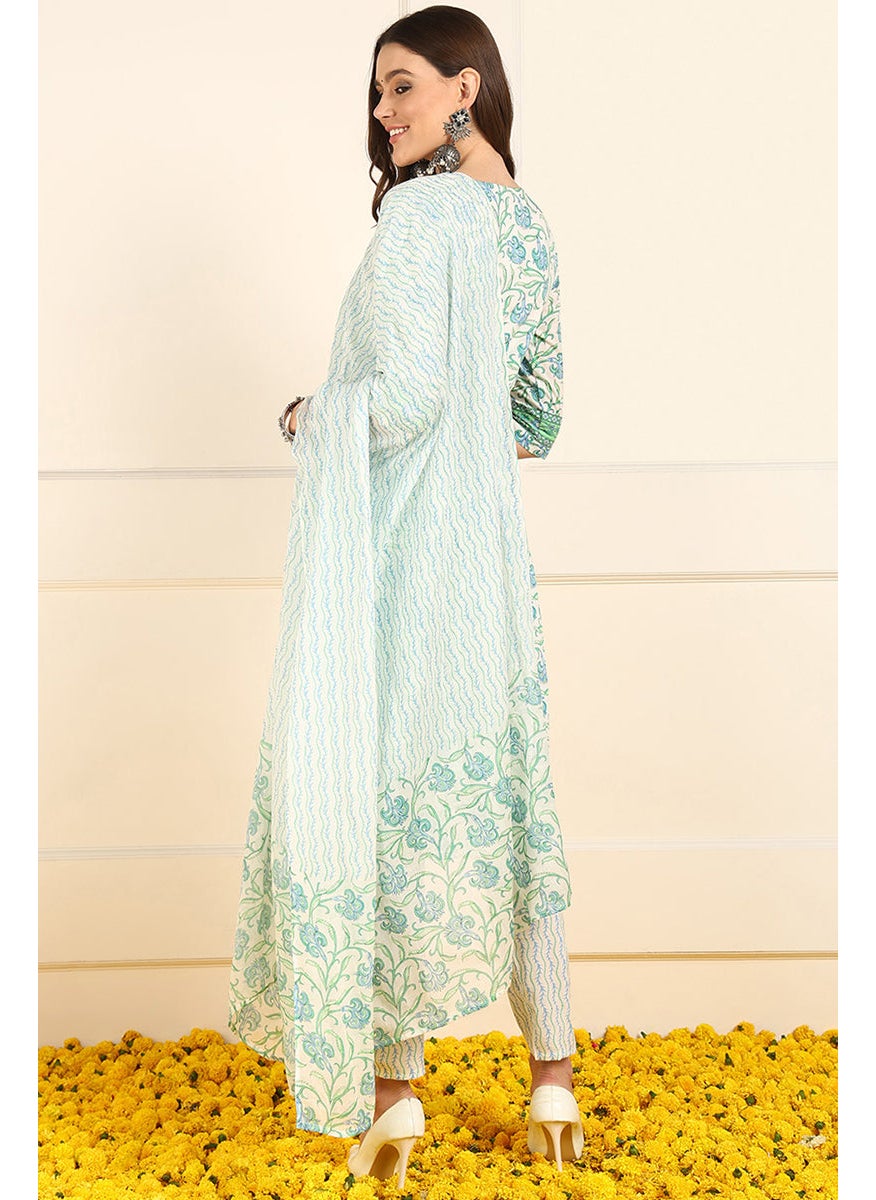 White Pure Cotton Floral Printed Straight 3-Piece Kurta Set