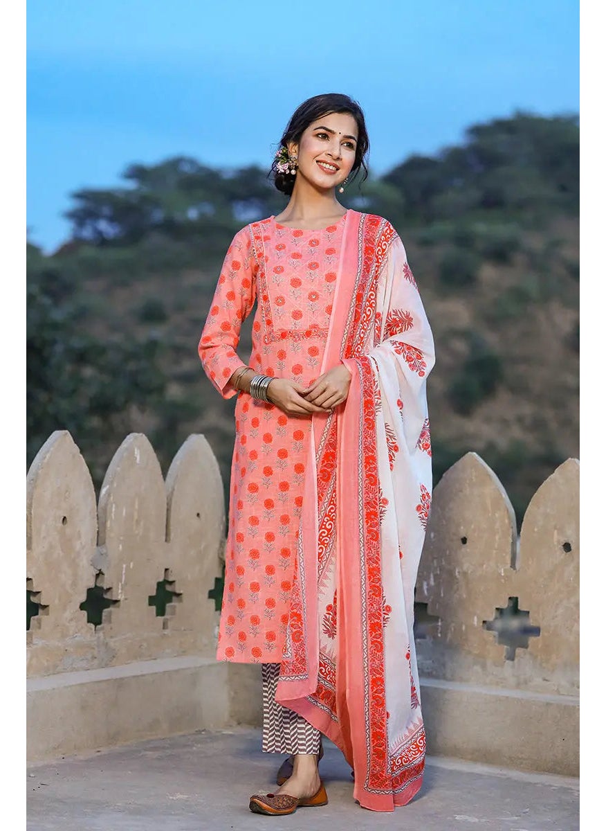 Pink Cotton Straight 3-Piece Kurta Set