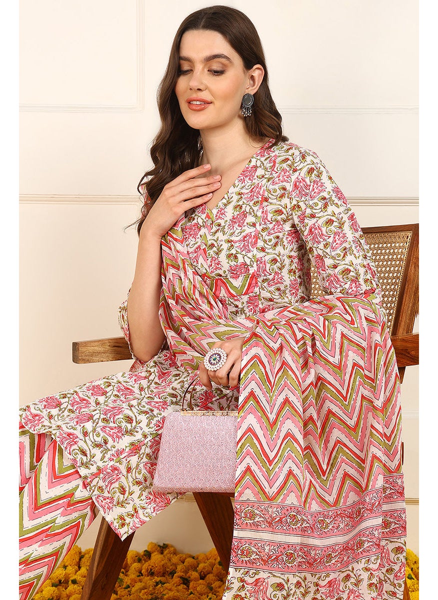 Pink Pure Cotton Floral Printed Straight Kurat Set