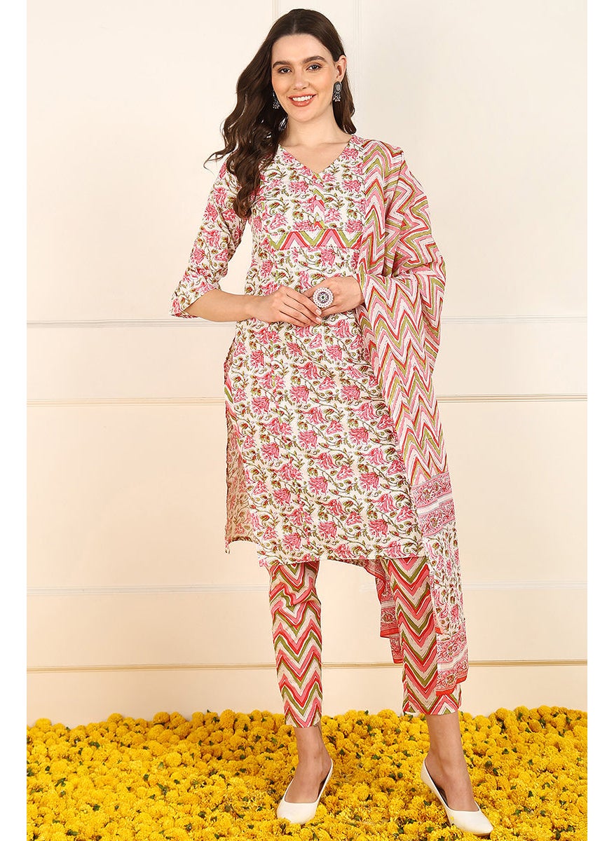 Pink Pure Cotton Floral Printed Straight Kurat Set