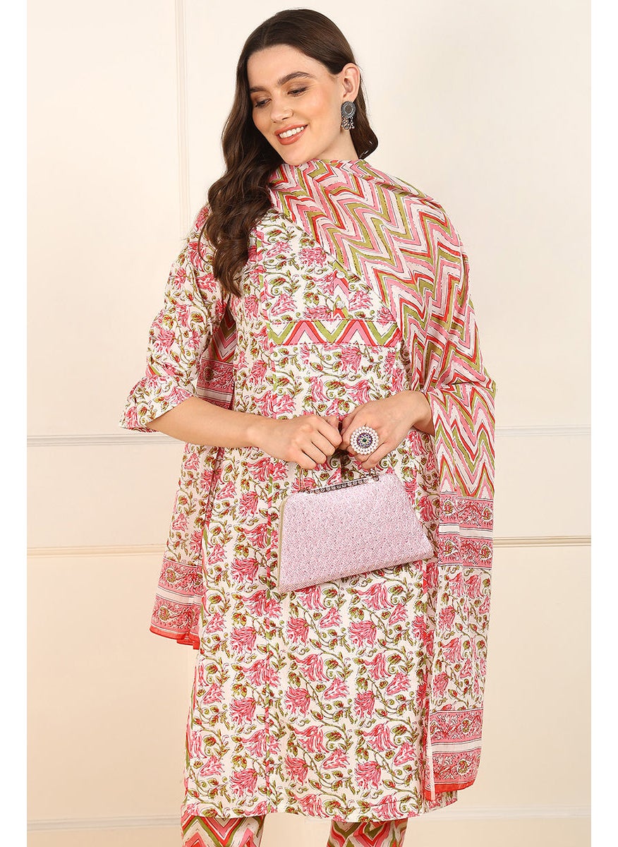 Pink Pure Cotton Floral Printed Straight Kurat Set
